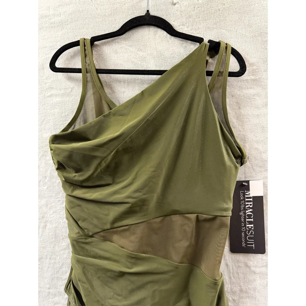 Miraclesuit Womens AZURA One Shoulder Mesh One Piece Swimsuit Nori Sz 16 $172